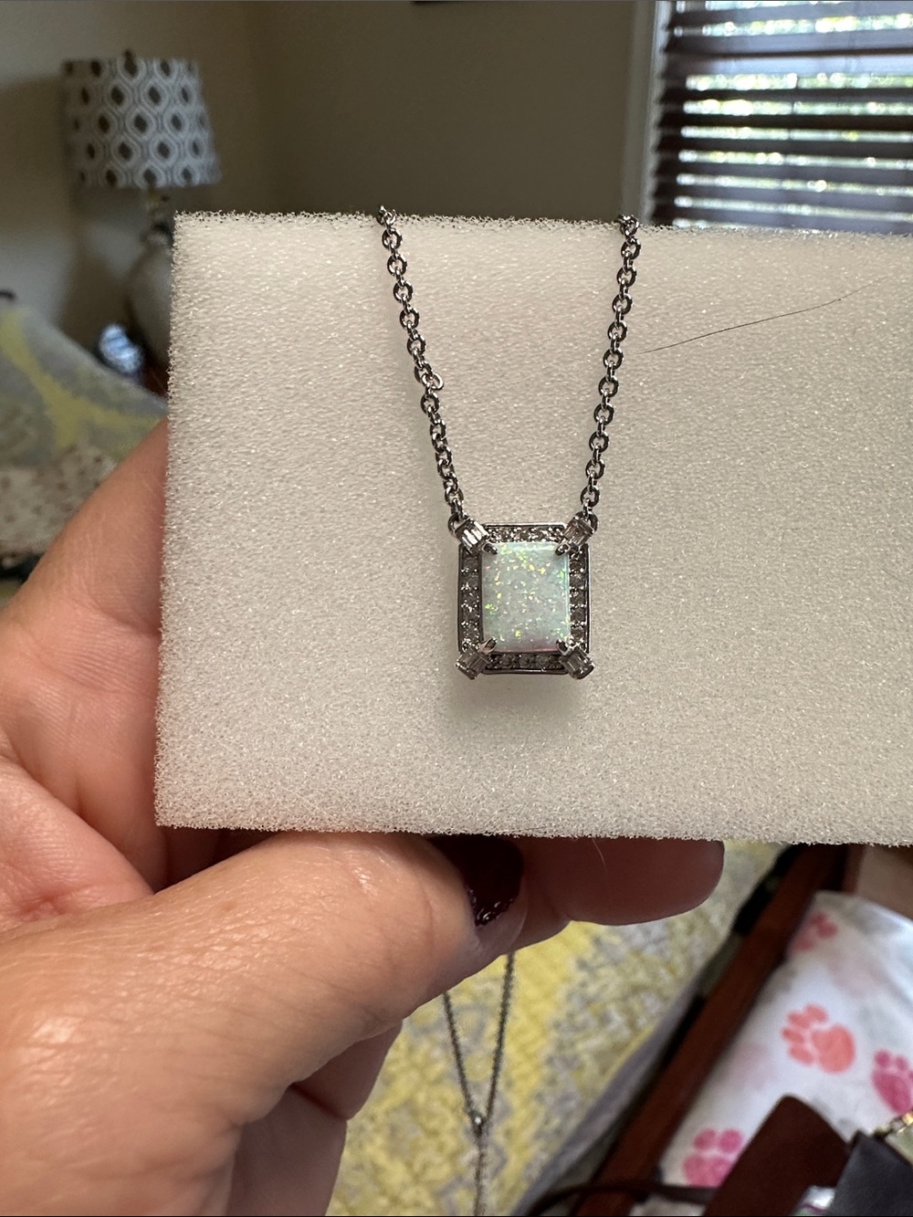 Opal Square Halo Pendant Necklace - White Opalescent on Silver
